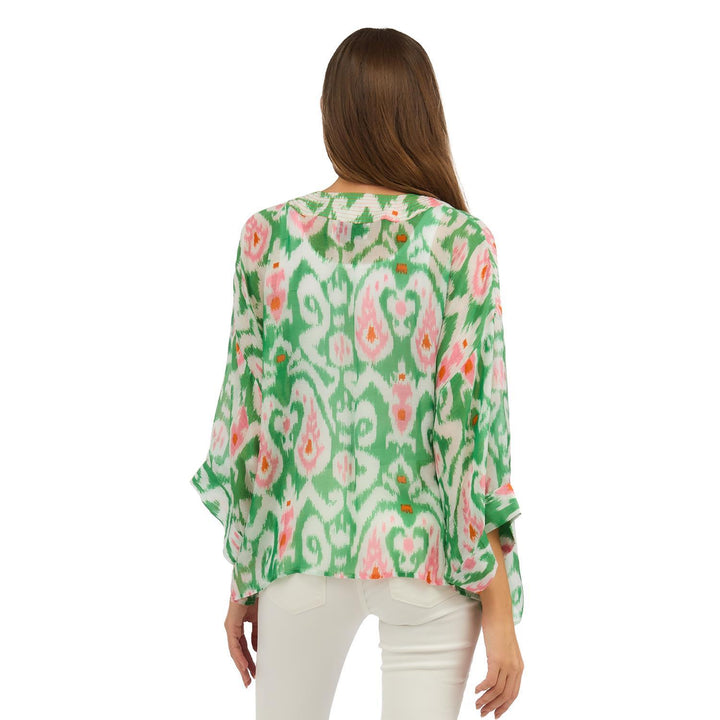 Ikat Print Green Short Kimono with green, pink, and white patterns. Available in sizes XS-XL.