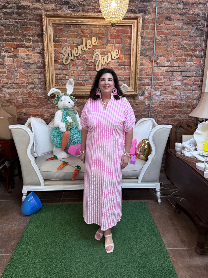 Pink Striped Seersucker Midi Dress; available in sizes XS–XL.