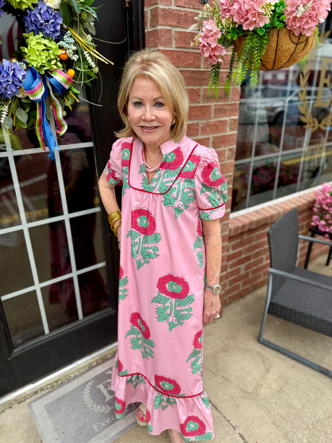 Pink Floral Print Mandarin Collar Midi Dress with floral pattern and mandarin collar. Available in sizes XS-XL.
