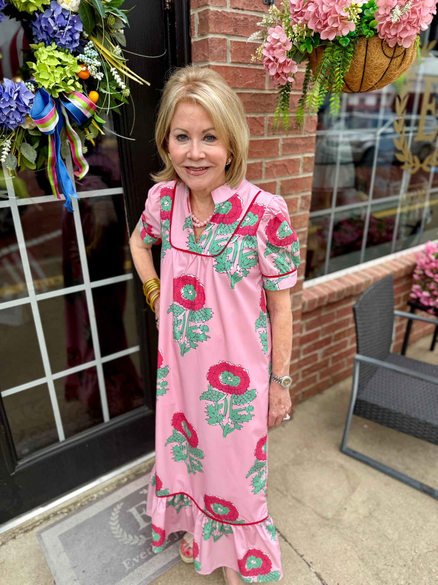 Pink Floral Print Mandarin Collar Midi Dress with floral pattern and mandarin collar. Available in sizes XS-XL.