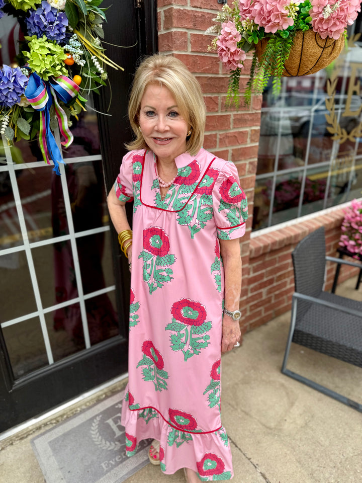 Pink Floral Print Mandarin Collar Midi Dress with floral pattern and mandarin collar. Available in sizes XS-XL.