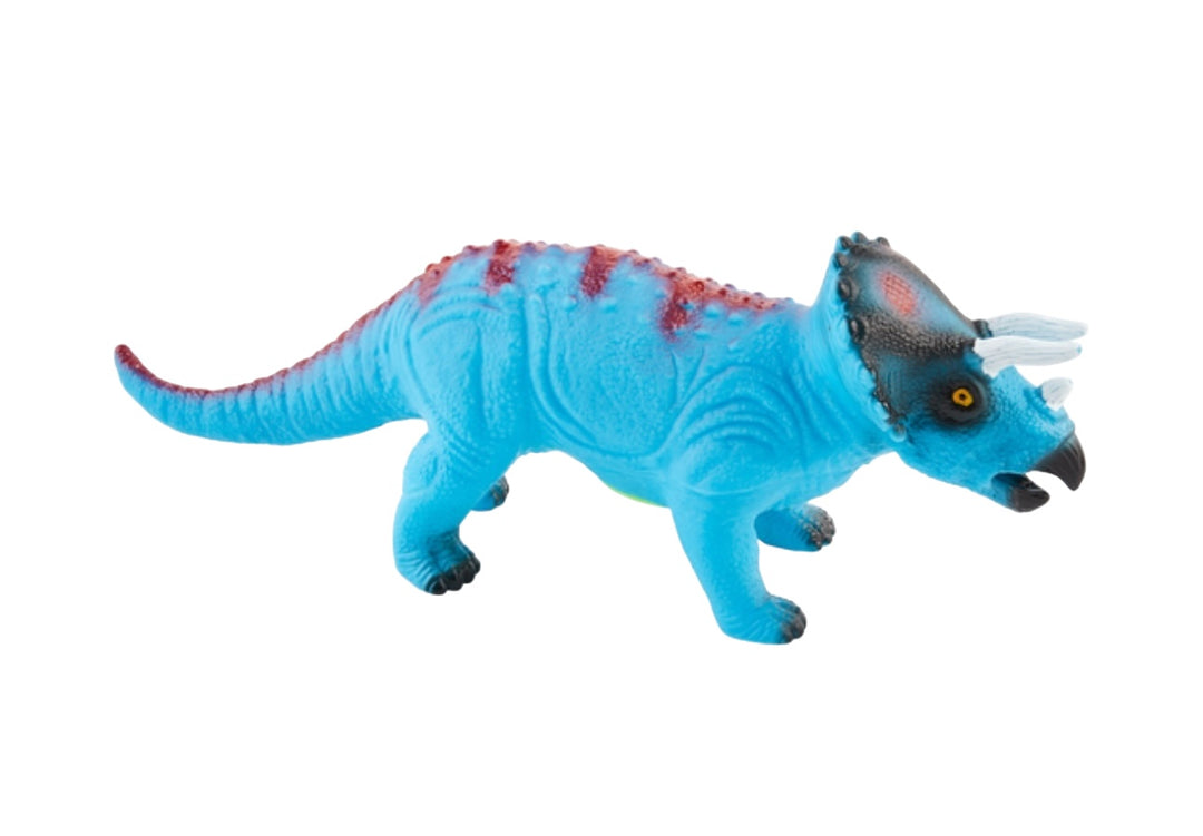 **Dino Toys With Sound**

- **Description:** Blue plastic Triceratops toy with black and dark purple frill, red spots, and white horns/beak. Features sound effects.
- **Sizes Available:** Small, Medium, Large