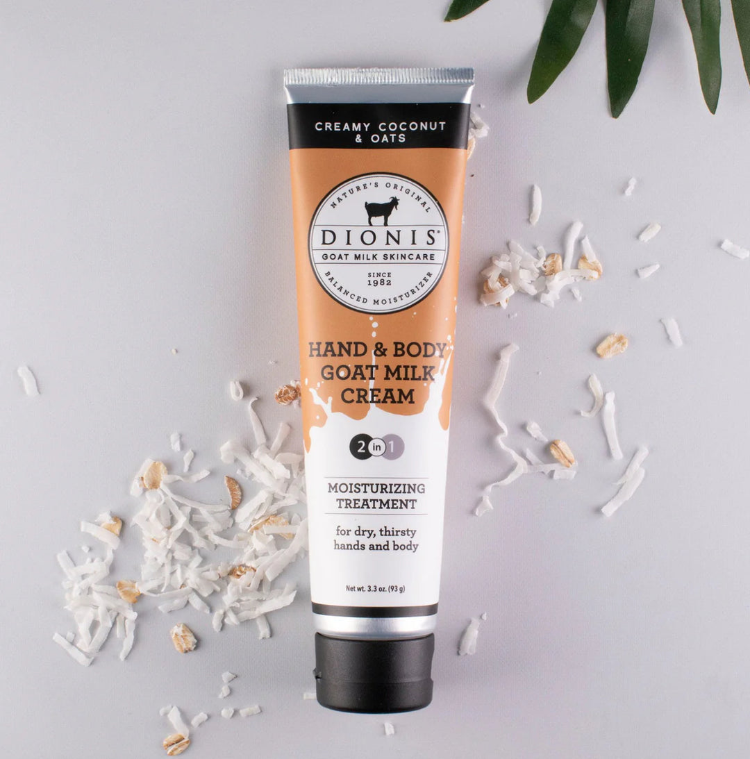 Goat Milk Hand Cream - "Creamy Coconut &amp; Oats." Enriched with oats and coconut flakes for nourishing skin. Available sizes: 2 oz, 4 oz, 8 oz.