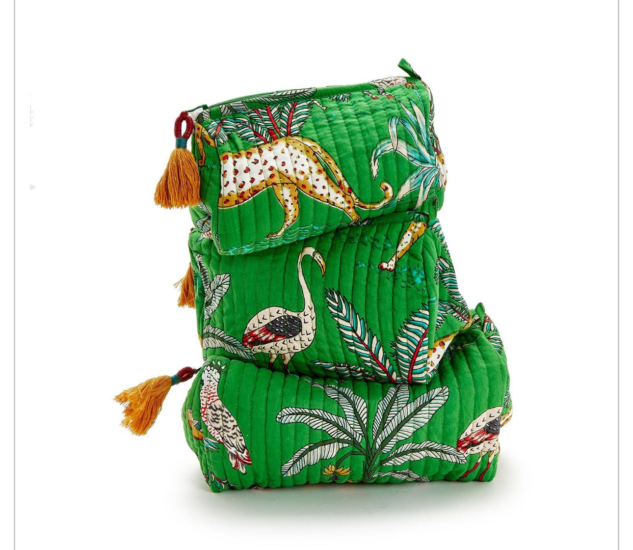 Hand Block Printed Pouches: Set of three stacked green quilted cosmetic bags with wildlife and foliage illustrations, including leopards and birds. Adorned with orange tassels on zipper pulls. Water-resistant design. Sizes: Small, Medium, Large.