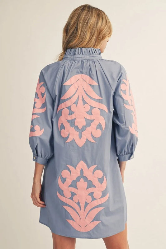 Cornflower Blue & Pink Baroque Applique Shift Dress