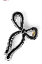 Metallic bow-shaped claw clip with smooth silver and black details. Available in small and large sizes.