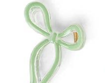 Transparent light green bow hair clip with gold hinge, shown close-up. Available in small and large sizes.