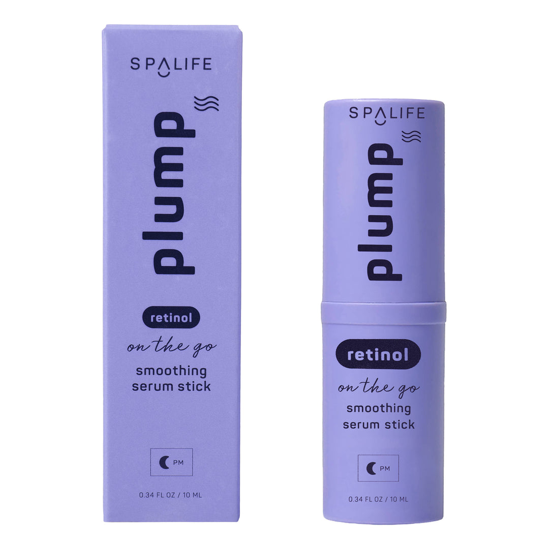Purple box and matching tube labeled “Plump Retinol Smoothing Serum Stick – 0.34 Fl oz” with a crescent moon icon and “PM.” Available size: 0.34 Fl oz. Retinol night serum stick for uneven skin tone and fine lines.