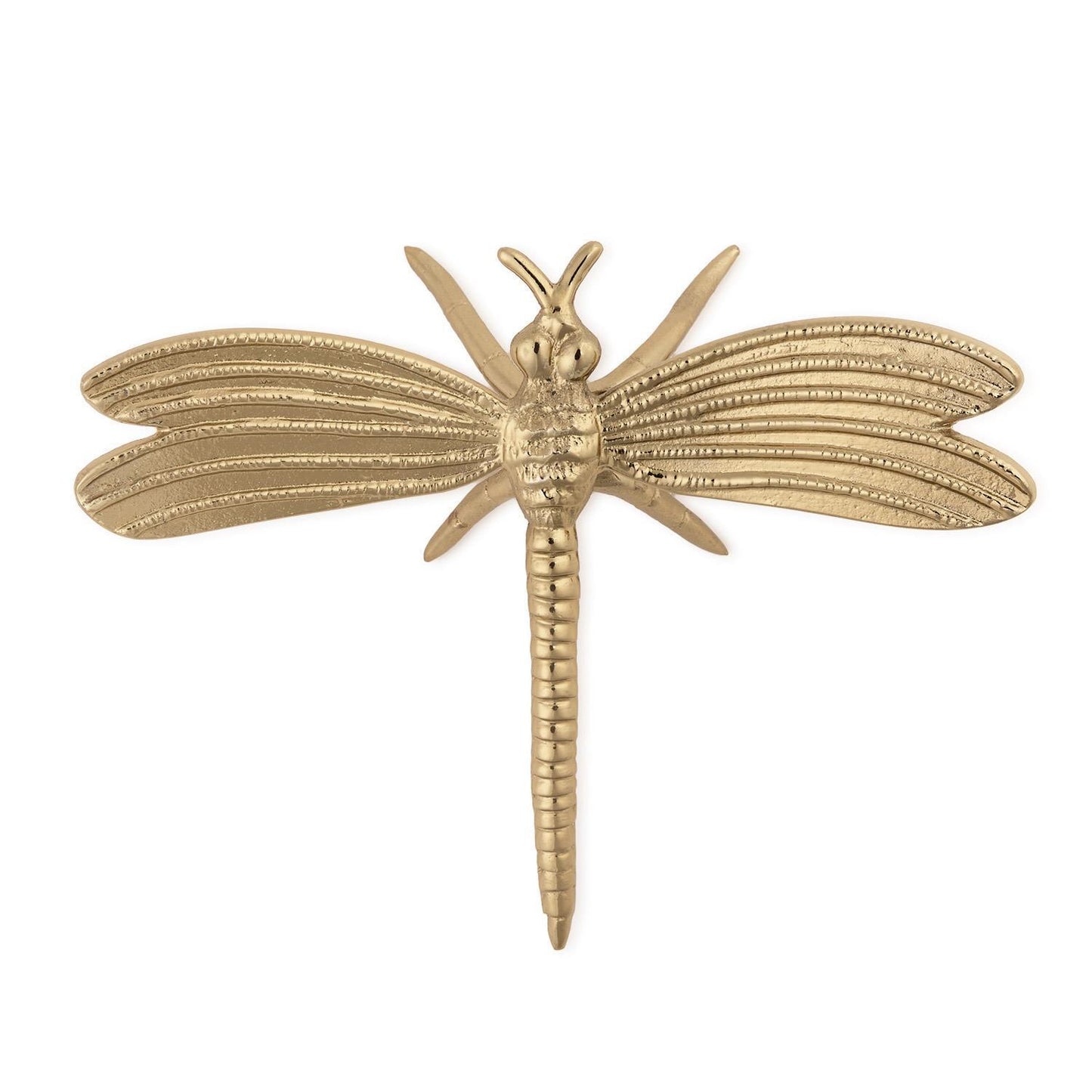 Gold-colored metal dragonfly ornament with detailed wings and segmented body; available sizes: small, medium, large.