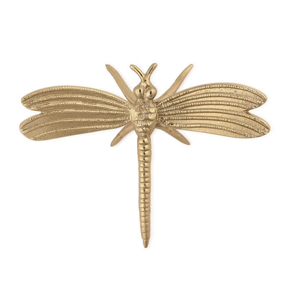 Gold-colored metal dragonfly ornament with detailed wings and segmented body; available sizes: small, medium, large.