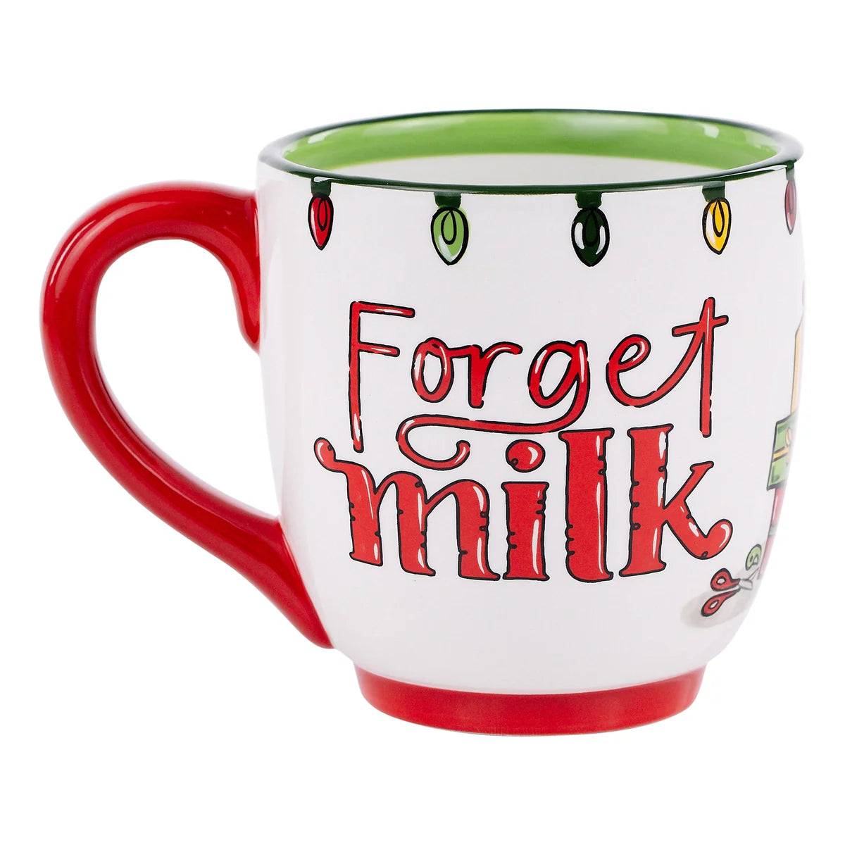 Forget Milk Santa Needs Coffee Mug: Festive mug with red handle, green interior, and string light design. Phrase "Santa Needs Coffee" in bold red on white background. Available in 11 oz and 15 oz sizes.