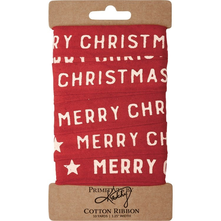 Red Christmas ribbon with white “MERRY CHRISTMAS” text and stars on a cardboard display card.