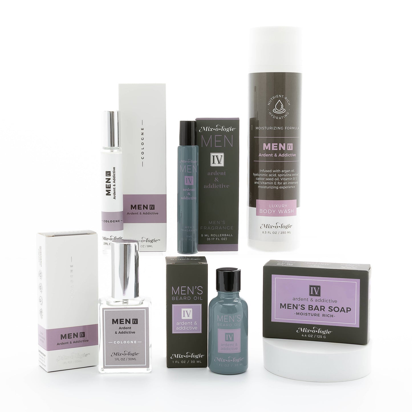 Mixologie Men IV (Ardent & Addictive) alcohol-free roll on cologne, sleek white/grey/purple, 5ml and 10ml sizes, rollerball applicator.