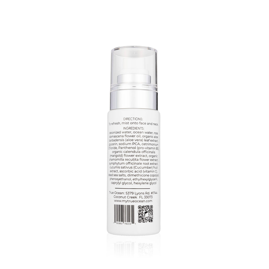 True Ocean Face Spritz, 2.7 oz., white bottle with clear cap. Back label shows directions, ingredients, info, and QR code.
