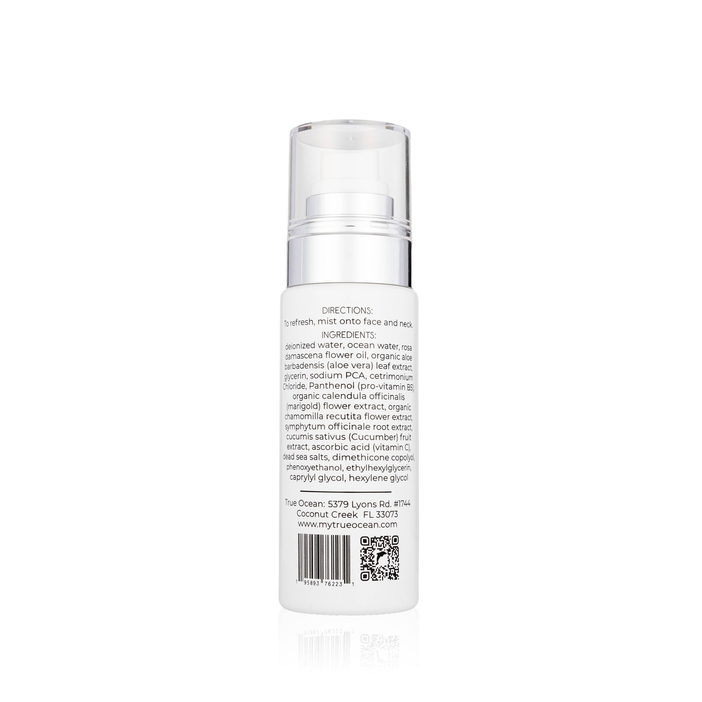 True Ocean Face Spritz, 2.7 oz., white bottle with clear cap. Back label shows directions, ingredients, info, and QR code.