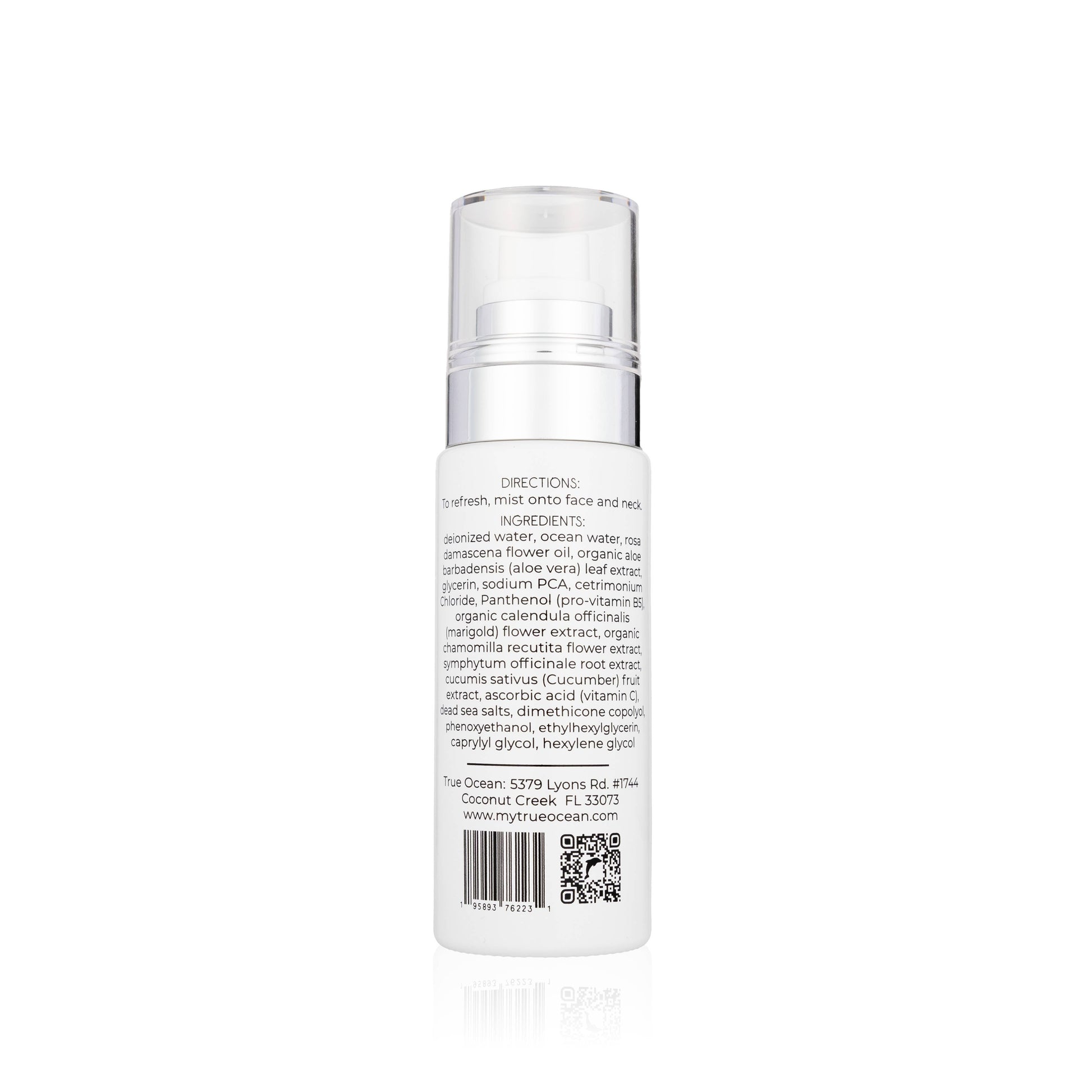 True Ocean Face Spritz, 2.7 oz., white bottle with clear cap. Back label shows directions, ingredients, info, and QR code.
