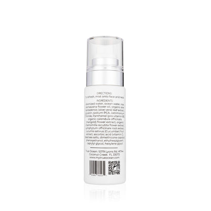 True Ocean Face Spritz, 2.7 oz., white bottle with clear cap. Back label shows directions, ingredients, info, and QR code.
