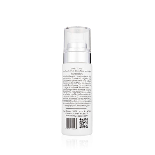 True Ocean Face Spritz, 2.7 oz., white bottle with clear cap. Back label shows directions, ingredients, info, and QR code.