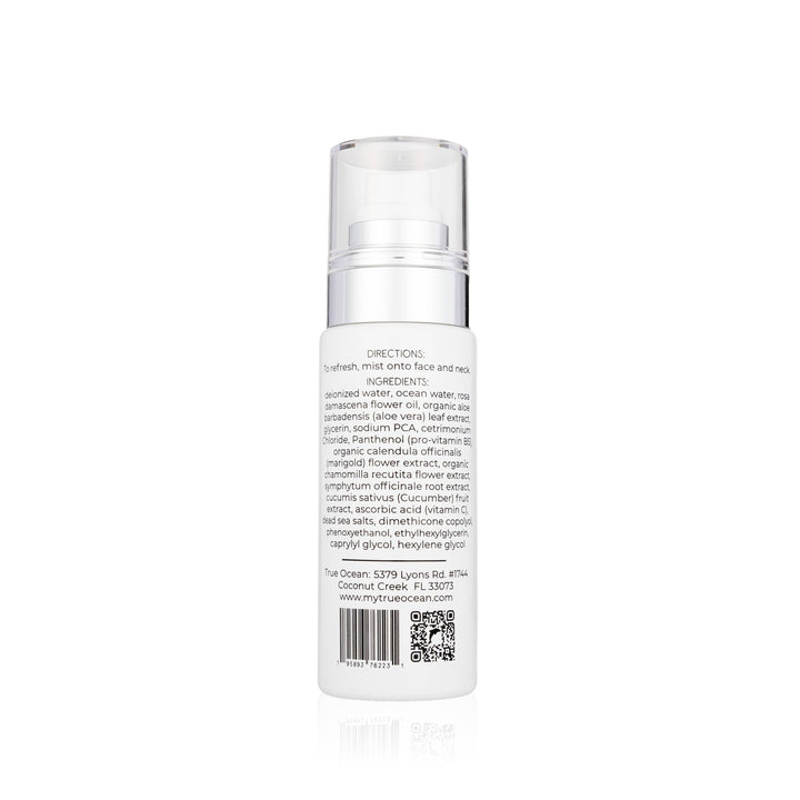 True Ocean Face Spritz, 2.7 oz., white bottle with clear cap. Back label shows directions, ingredients, info, and QR code.