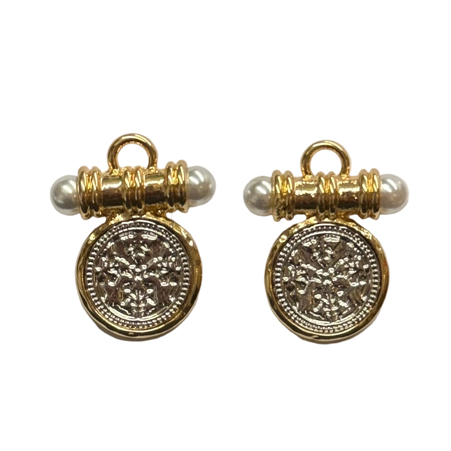 Rove Gold Medallion Bar Accent Post Earrings: round gold and silver earrings with a horizontal gold bar and a white pearl at each end. Available in small and medium sizes.