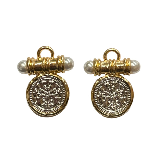 Rove Gold Medallion Bar Accent Post Earrings: round gold and silver earrings with a horizontal gold bar and a white pearl at each end. Available in small and medium sizes.