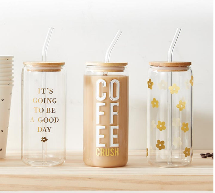 Set of three 20 oz cold brew tumblers with bamboo lids and glass straws; available in three printed designs.
