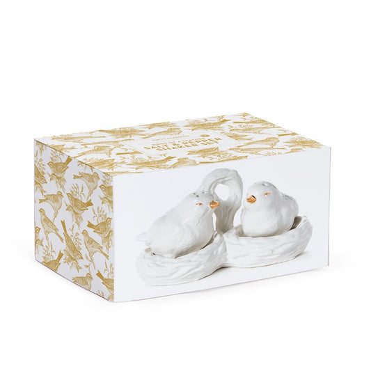 White ceramic bird-shaped salt and pepper shakers with orange beaks in a nest-style box. Sizes not specified.