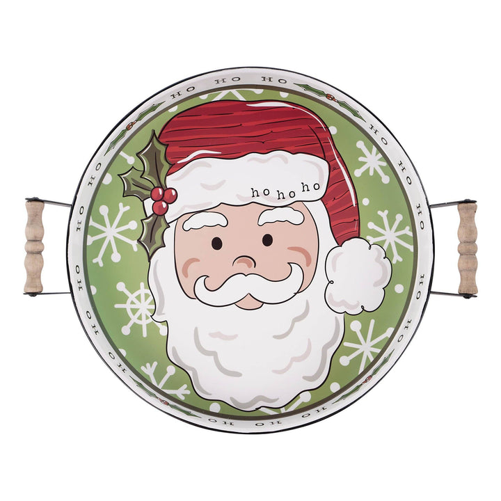 Classic Santa Ho Ho Ho Enamel Tray: DAMAGED sold as is. Round enamel tray featuring a cartoon Santa, snowflakes, “ho ho ho” rim text, and wooden-handled metal side handles.