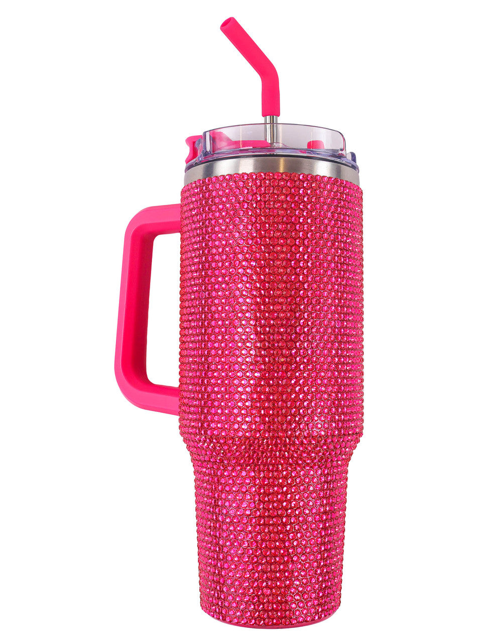40 ounce stainless steel with hot pink rhinestones drink tumbler with stainless steel straw and plastic lid.