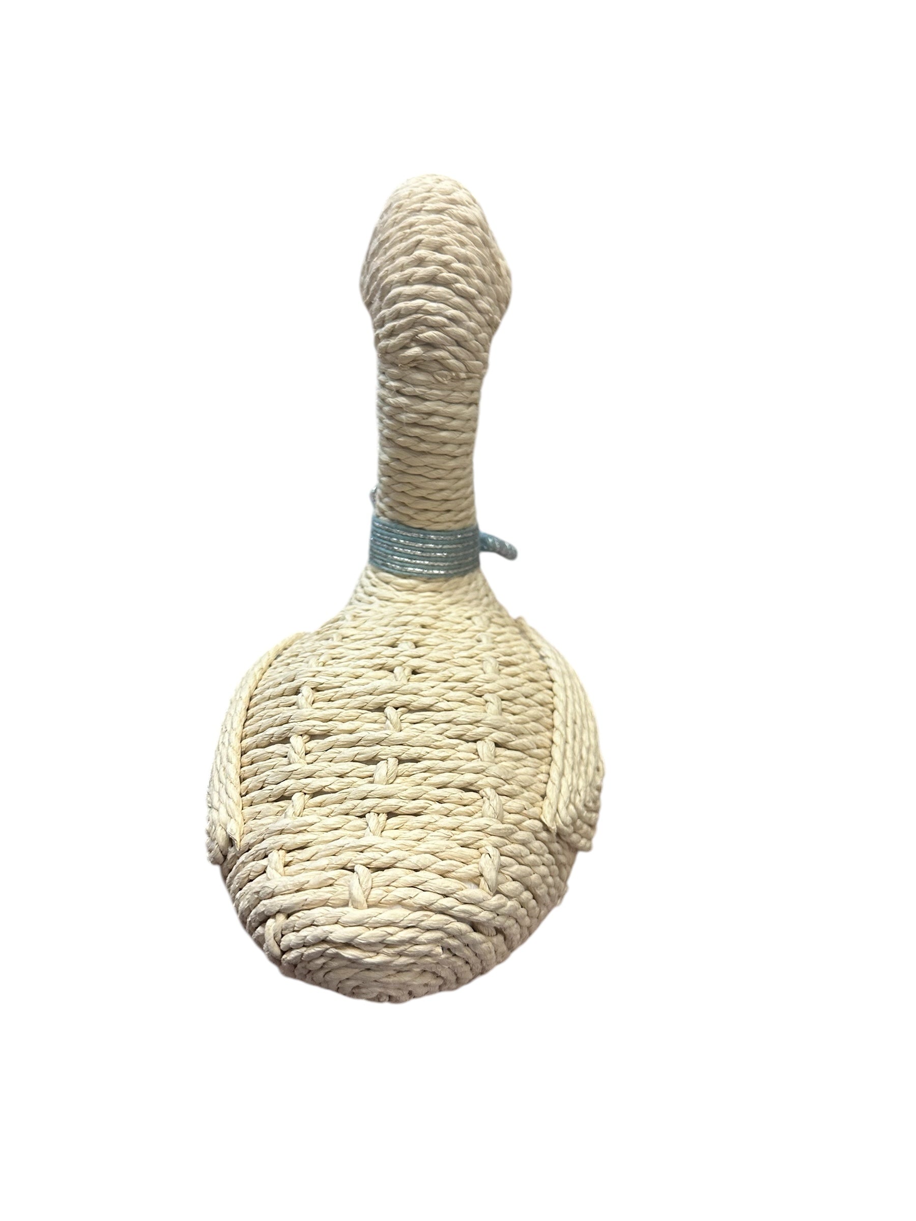 Handmade cornhusk goose figurine with a blue ribbon. Available sizes: small, medium, large.