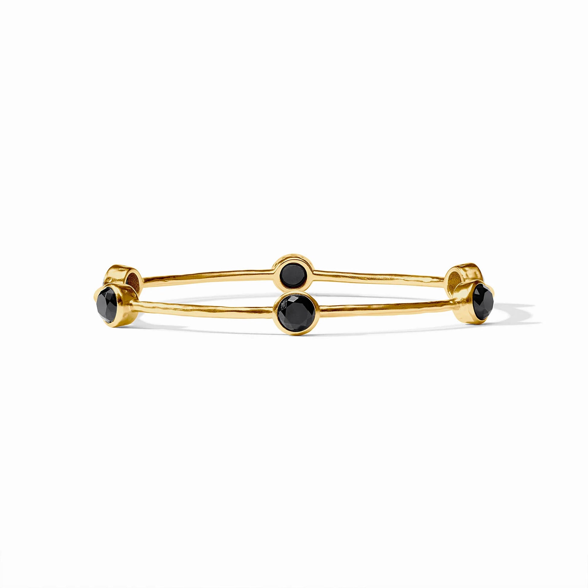 Julie Vos Milano Luxe Bangle in Obsidian Black with four round black stones on a double-band 24K gold-plated design; available in sizes medium and large.