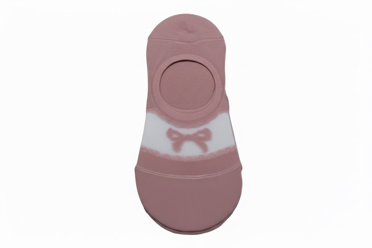 Pink no-show socks with white ankle band, pink bow, double silicone pad. Available in sizes S, M, and L.