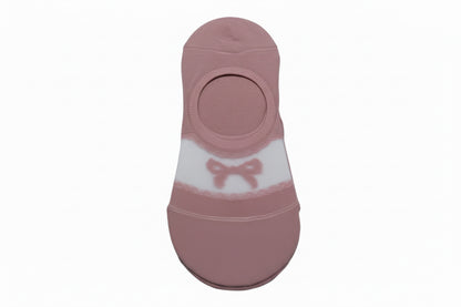 Pink no-show socks with white ankle band, pink bow, double silicone pad. Available in sizes S, M, and L.