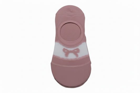 Pink no-show socks with white ankle band, pink bow, double silicone pad. Available in sizes S, M, and L.