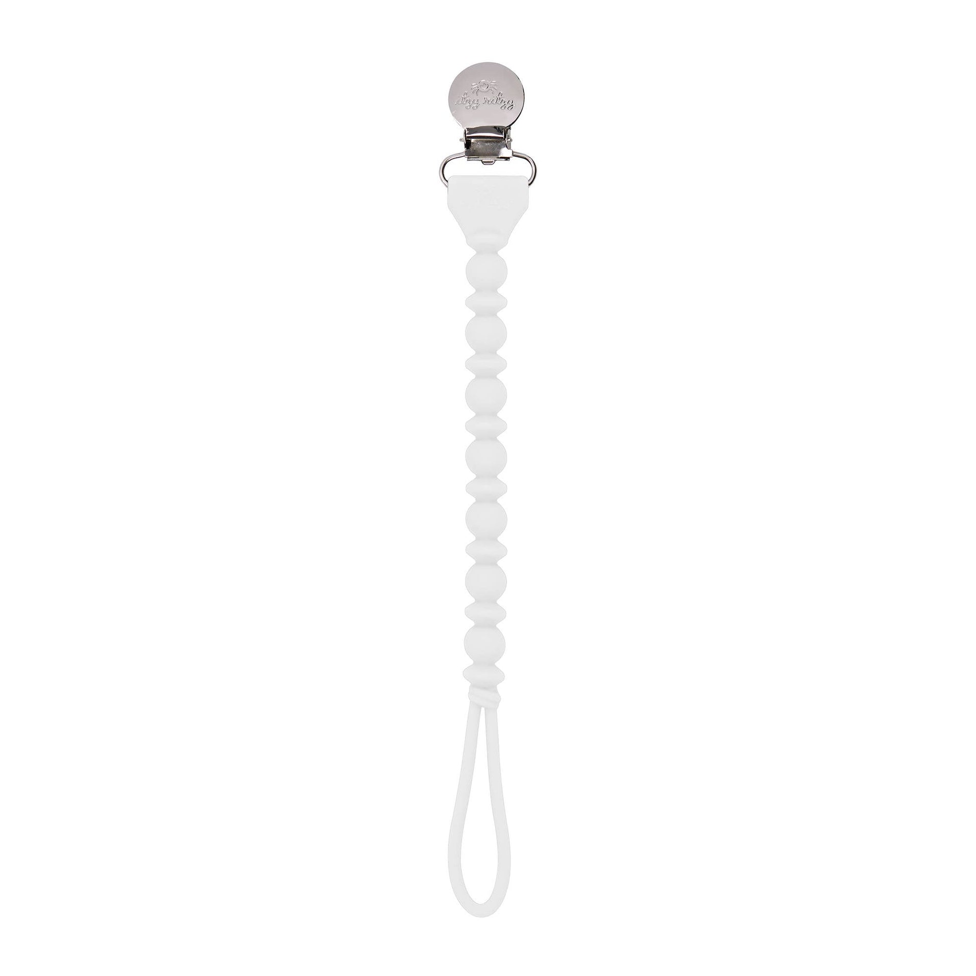 A white beaded Sweetie Strap™ Silicone One-Piece Pacifier Clips: Mint Braid with a metal clasp and food grade silicone beads, displayed on a plain white background.