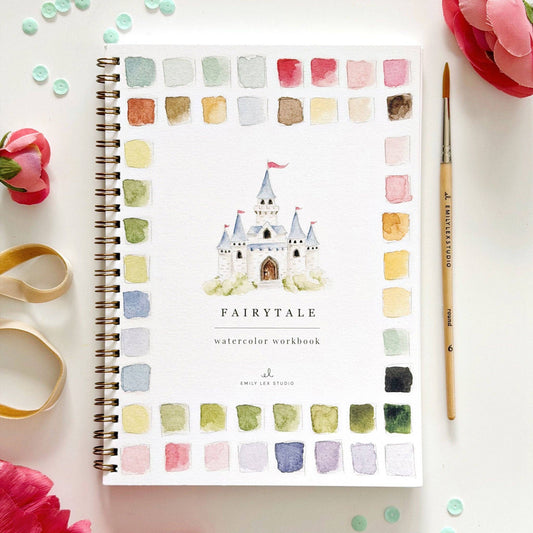 Spiral-bound Fairytale Watercolor Workbook with castle art, swatches, and decorative accents. Available in standard size.