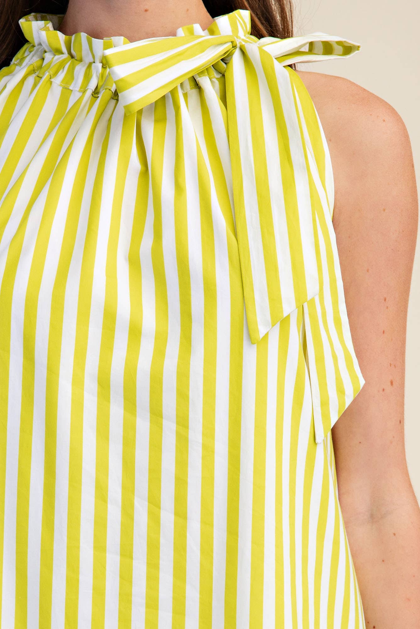 Stripe Midi Dress, navy, with sleeveless ruffle neck tie and bow at shoulder. Sizes: S. Ruffle detail on neckline.