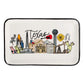 State of Texas Trinket Tray: Rectangular ceramic dish with vibrant illustrations of Texas symbols, including a rocket, flowers, the Alamo, an oil rig, a cactus, and a cowboy hat. Features "Texas" in stylized script. Black rim for added elegance. 
- Size: One size available
