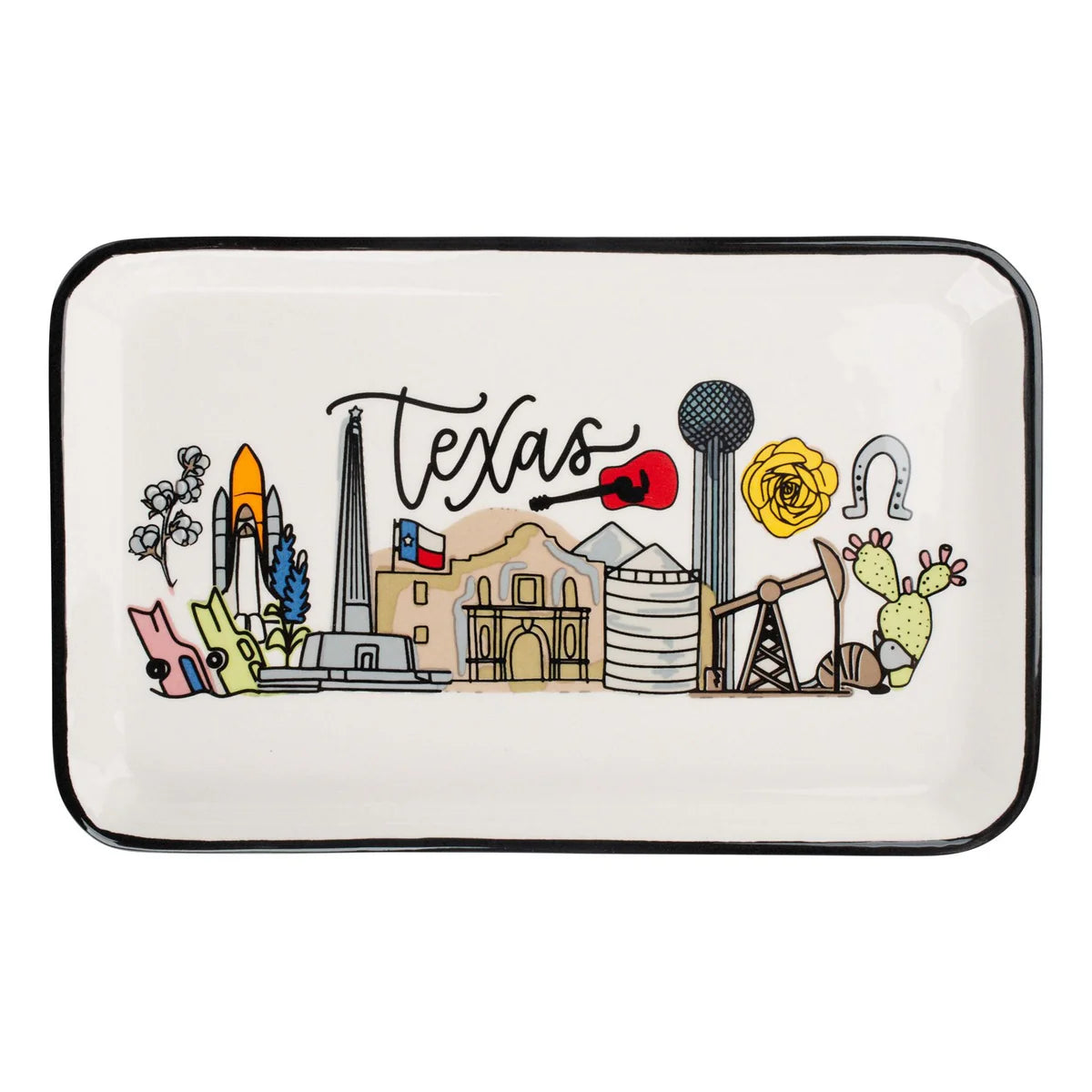 State of Texas Trinket Tray: Rectangular ceramic dish with vibrant illustrations of Texas symbols, including a rocket, flowers, the Alamo, an oil rig, a cactus, and a cowboy hat. Features "Texas" in stylized script. Black rim for added elegance. 
- Size: One size available