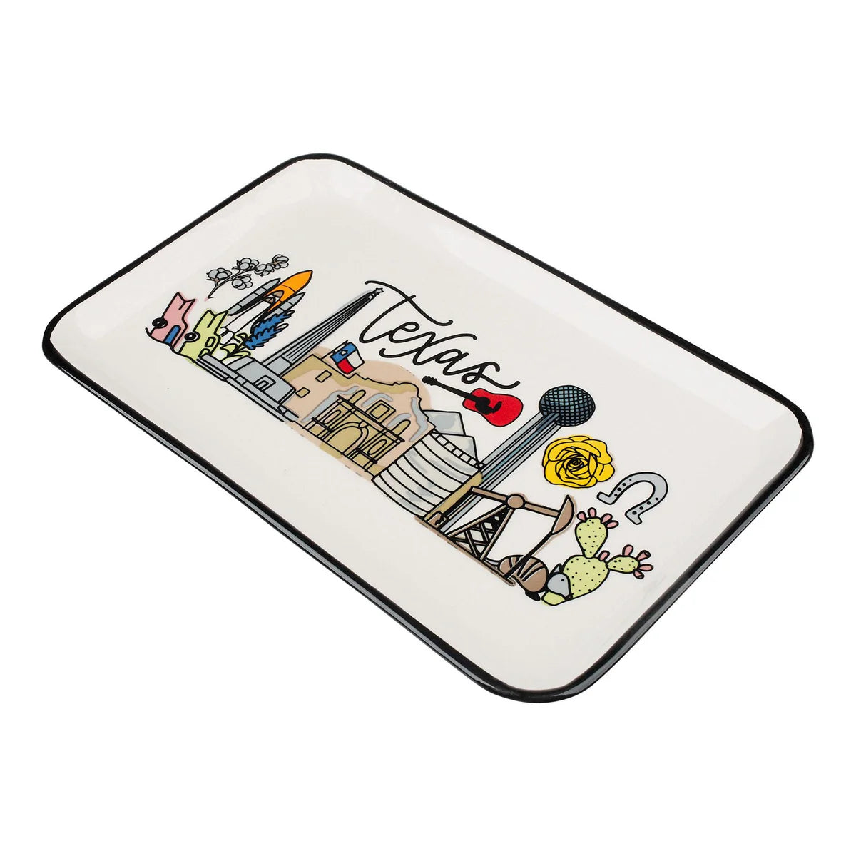 The State of Texas Trinket Tray: white rectangular ceramic dish with black trim, featuring vibrant illustrations of Texas landmarks and symbols. Available size: 4"x6".