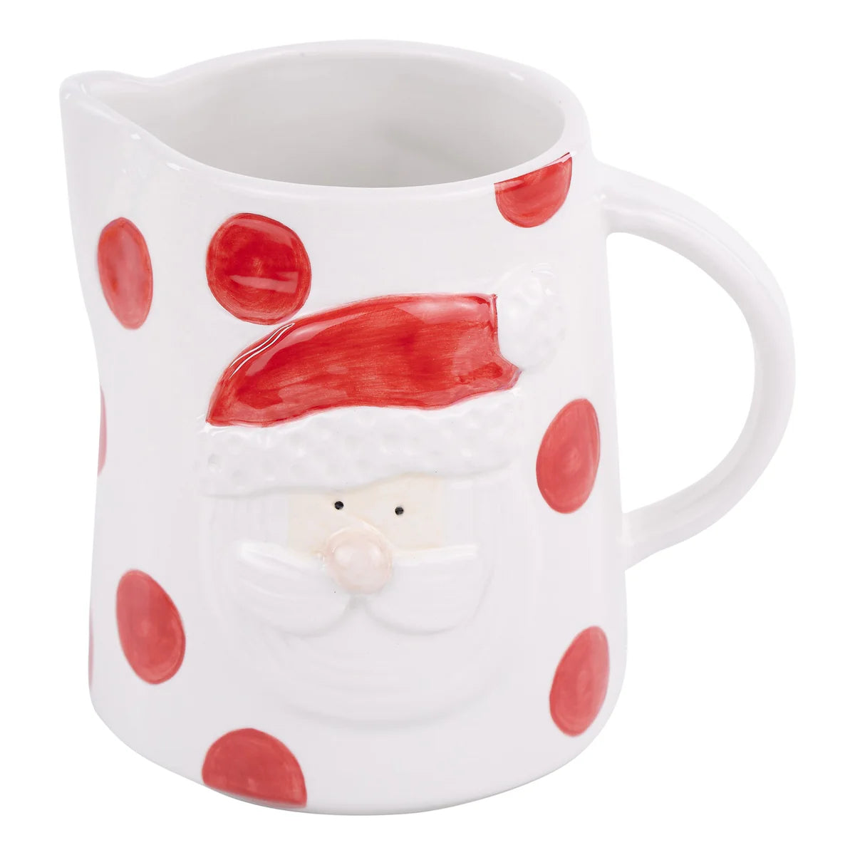 The Santa Ho Ho Ho Pitcher is a white ceramic pitcher with a handle, hand-painted with red polka dots, and features a raised Santa Claus face. Sizes available: 24 oz and 32 oz.