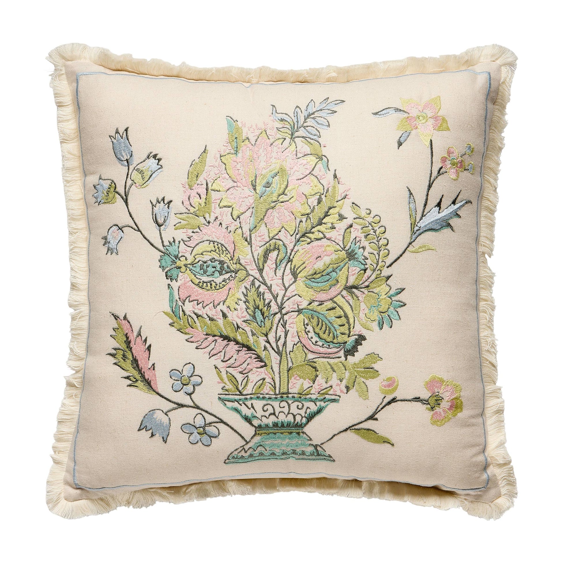 Square linen pillow with cream background, tasseled edges, and an embroidered floral bouquet in pastel pink, green, and blue with a central vase design. Sizes available.