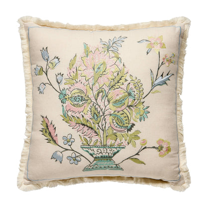 Square linen pillow with cream background, tasseled edges, and an embroidered floral bouquet in pastel pink, green, and blue with a central vase design. Sizes available.