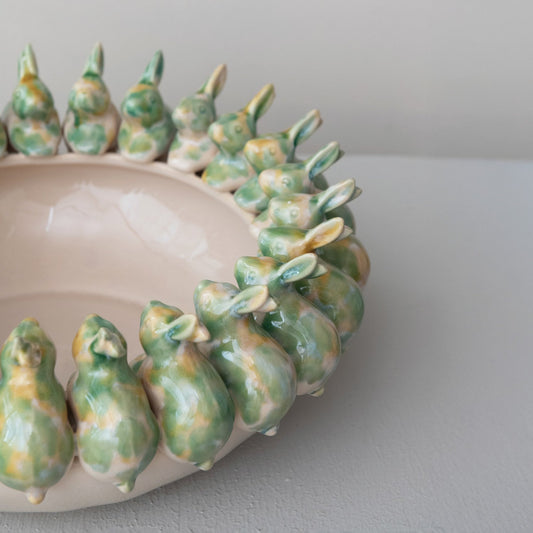 Large Decorative Stoneware Bowl with 3D Rabbits