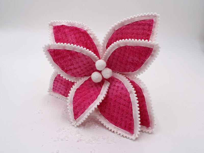 Bright pink chenille poinsettia pick with white trim and three center white pom-poms.