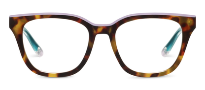 Tortoise/pink glasses with a tortoise shell frame, light pink top rim, teal temples, and UV400 protection. Available in sizes S/M/L.