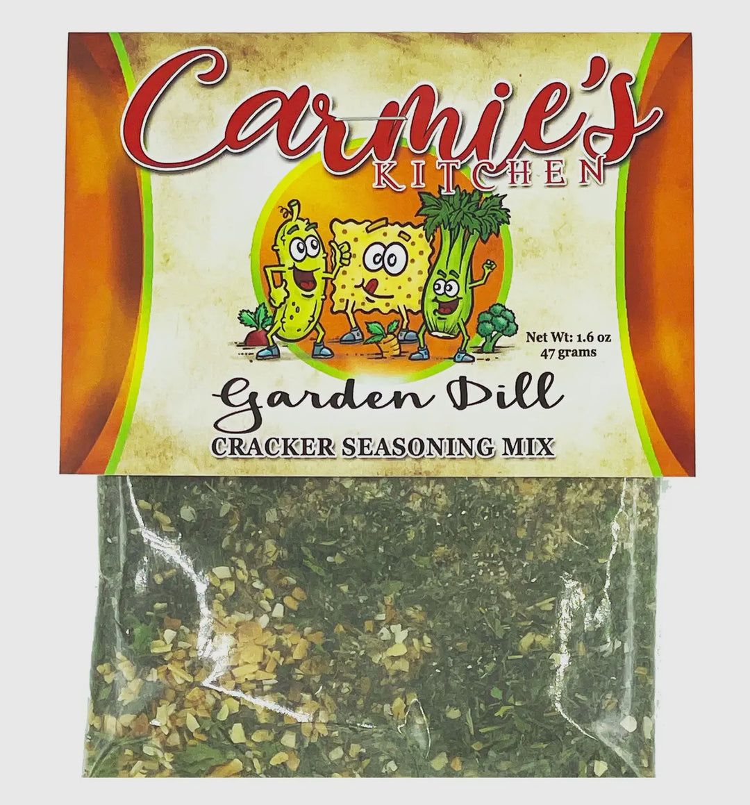 Garden Dill Cracker Seasoning Mix packet with vibrant cartoon veggie label; clear bag shows dip mix. Sizes: 4oz, 8oz.