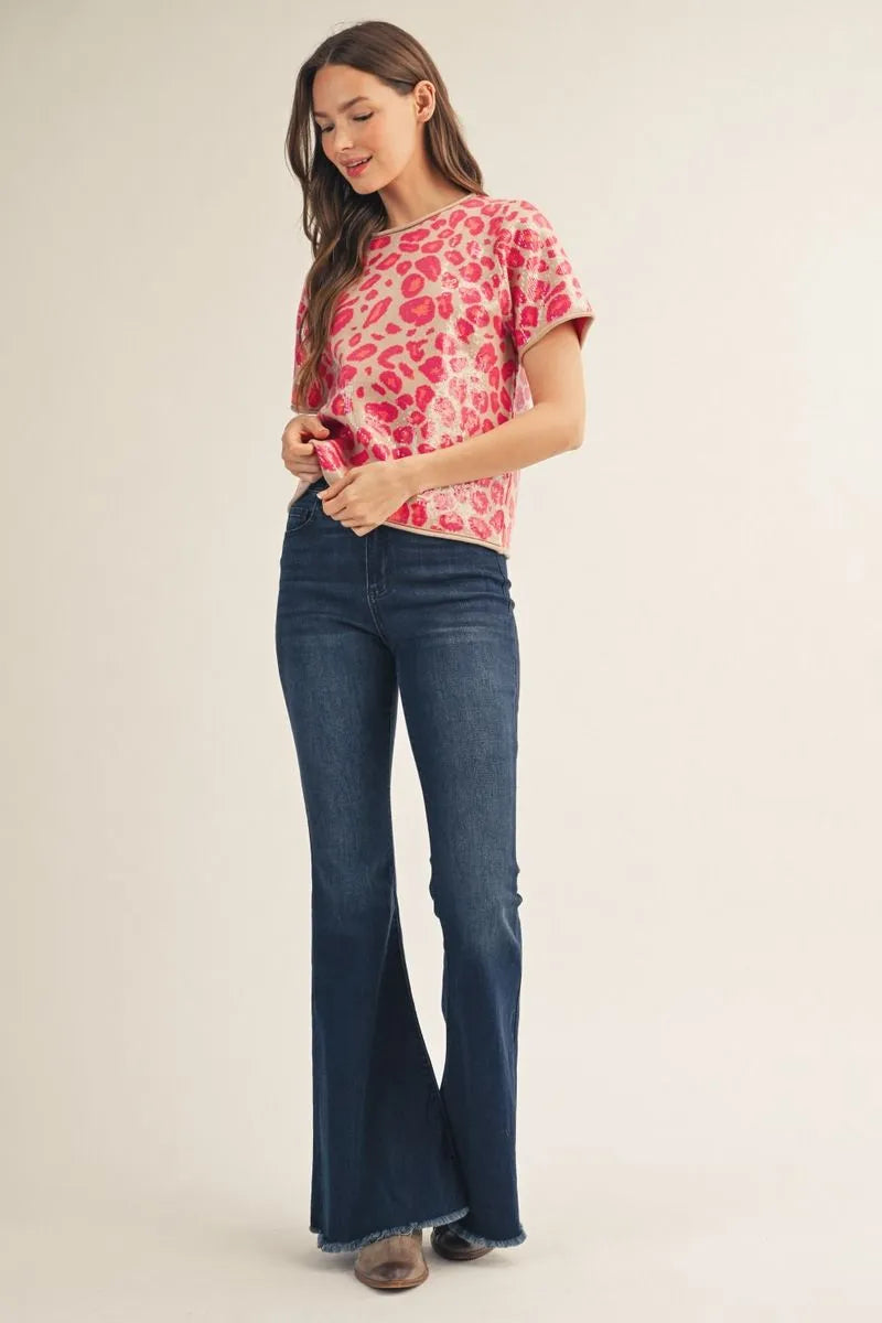 Pink Sequin Covered Leopard Top; available in sizes XS-XL.