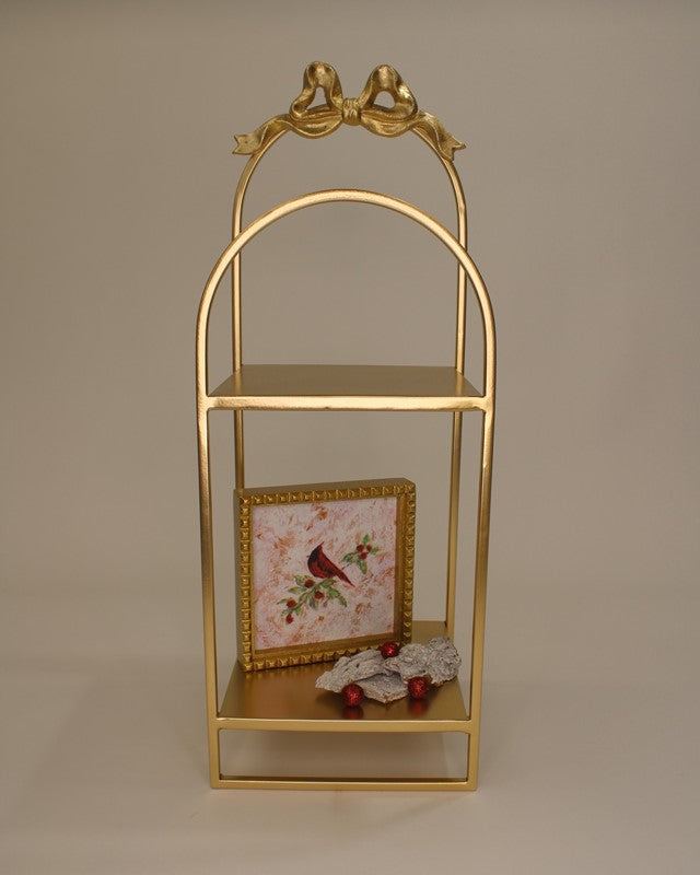 Gold metal 2-tier tabletop shelf with two bird accents on top; available in small, medium, and large sizes.