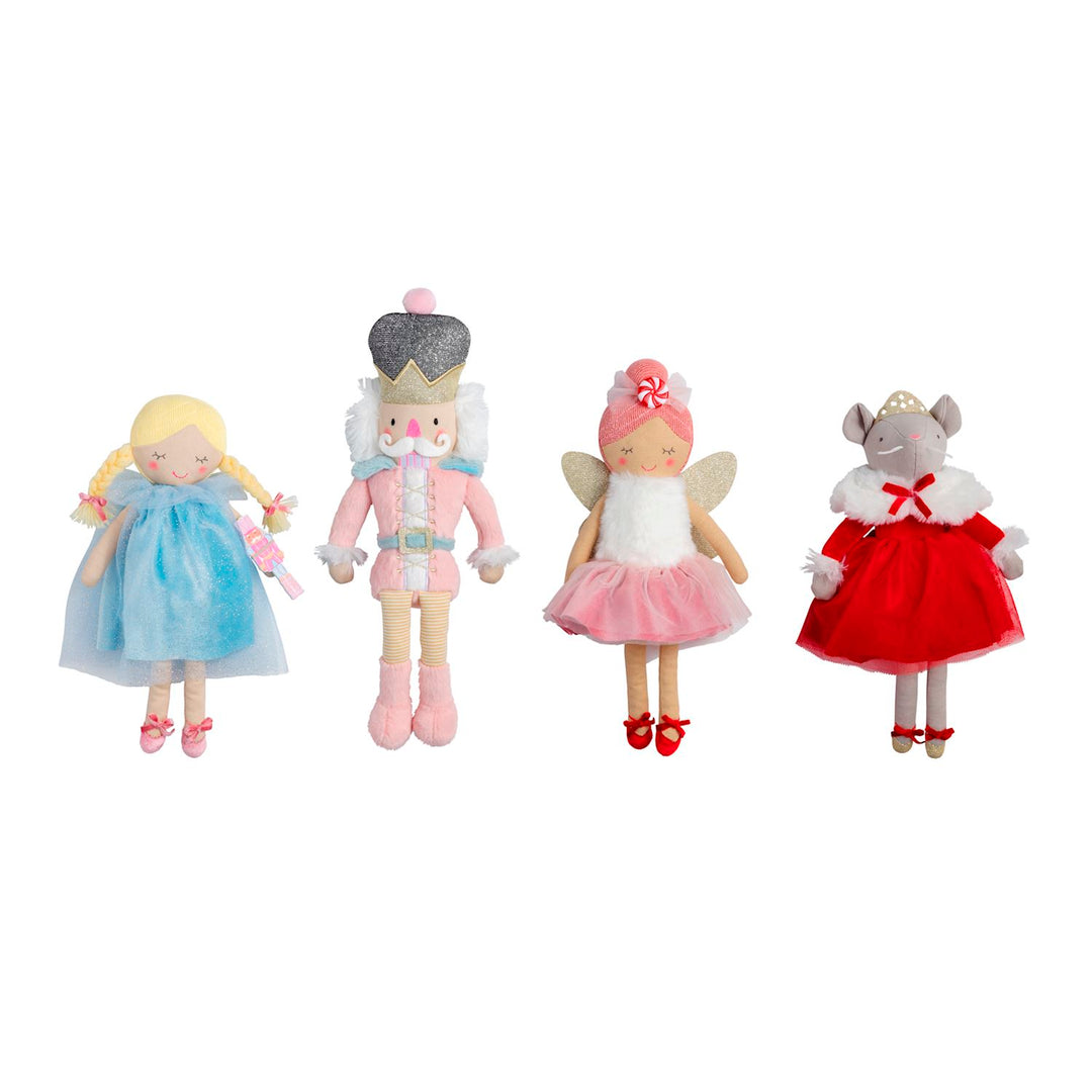 Four faux linen Nutcracker plush dolls including a blue-dressed character, a pink nutcracker, a pink fairy, and a mouse in a red dress.